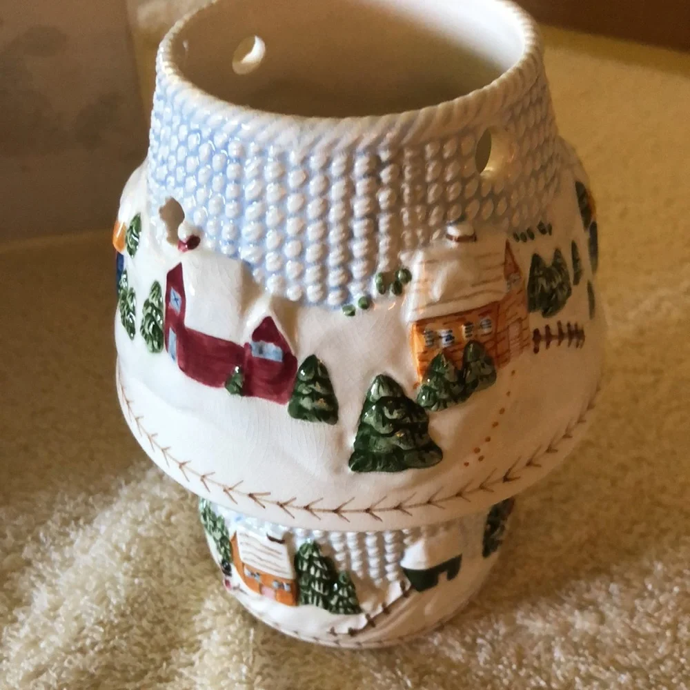 Winter Village Scene votive candle holder with shade Russ Berrie
